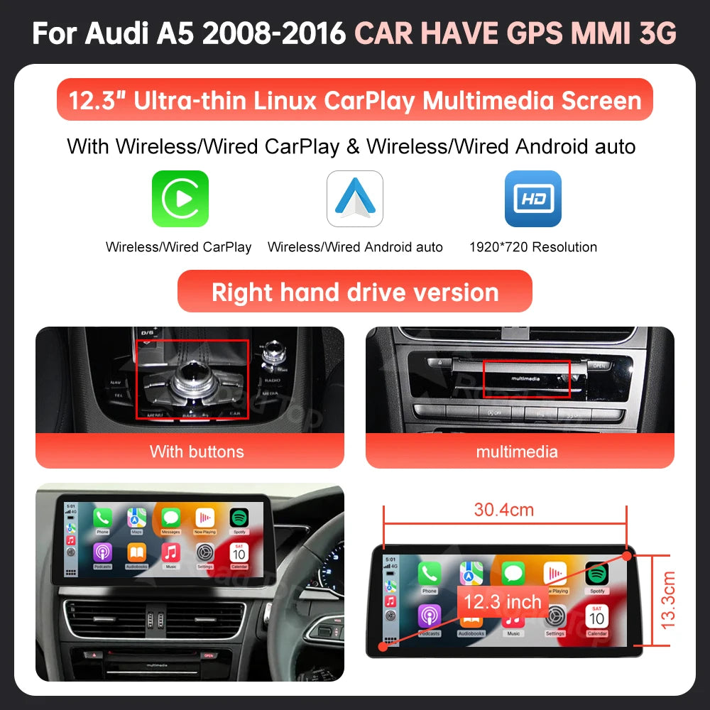 8.9'' 12.3" Car Multimedia Display Linux Screen For Audi A5 S5 2008-2016 With Wireless Carplay Android Auto Airplay Autolink