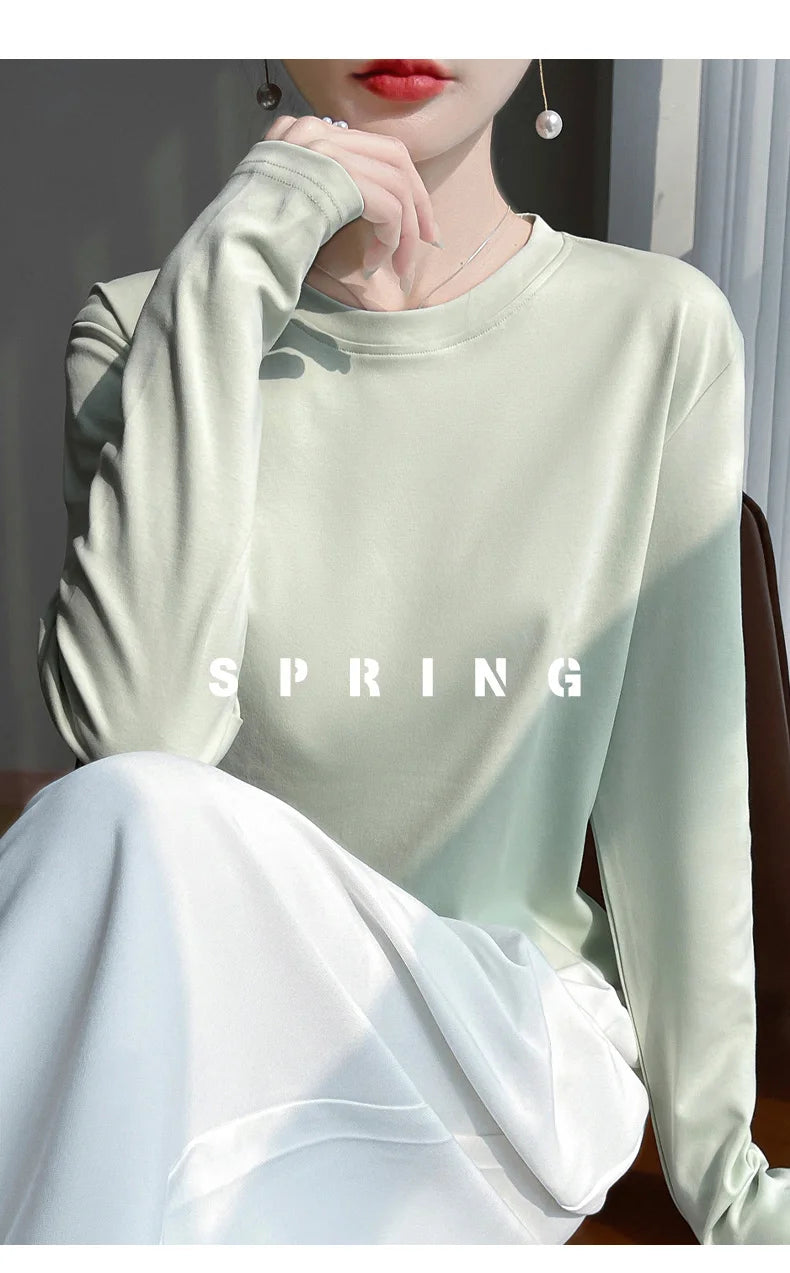 Spring And Summer New Mercerized Cotton Long Sleeve T-shirt Women's Round Neck Loose 100% Cotton Bottoming T-shirt
