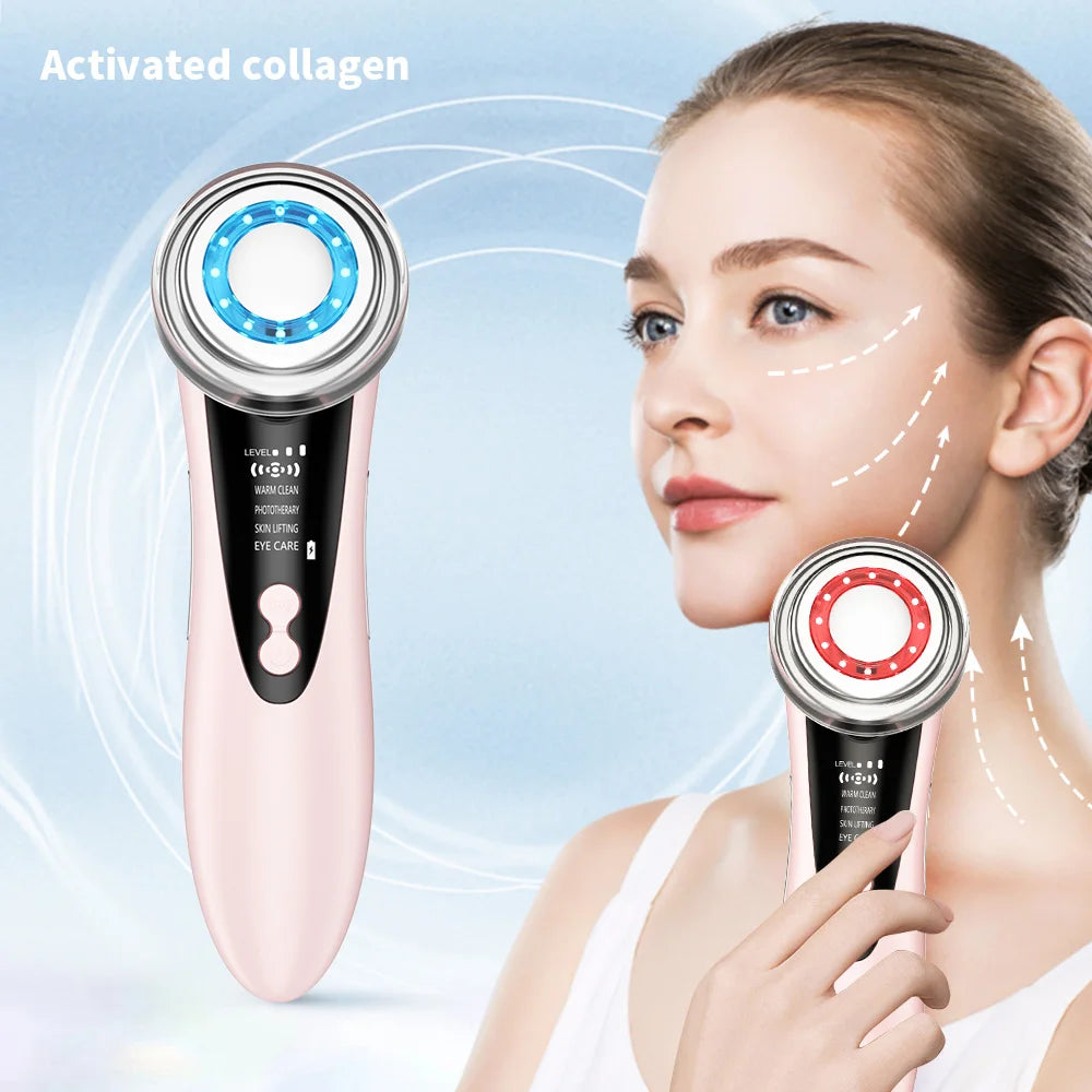7 in 1 EMS Facial Massager Face Beauty Instrument with Induced Vibration and Hot Compress Face Skin Care Tool LED Light Therapy , Women