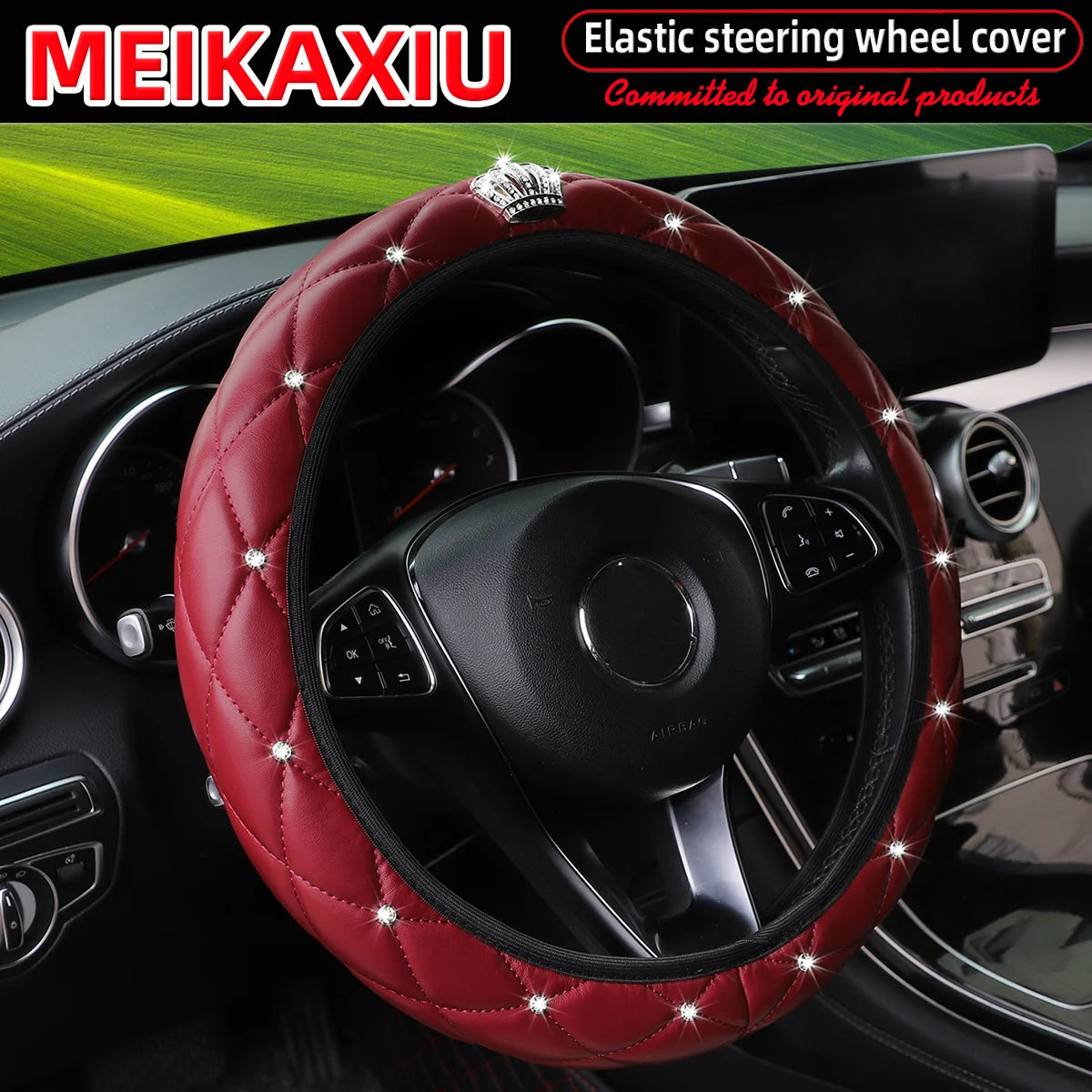 Soft leather diamond-studded crown Blingbling car without inner ring steering wheel cover suitable for 14.5 - 15 inch car access