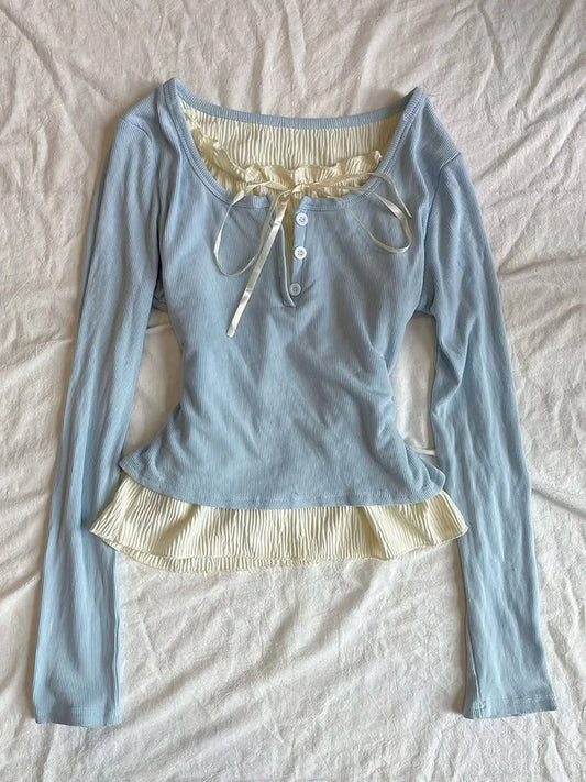 Sweet Ruffled Long Sleeve Women's T-Shirt Lace-up Fake Two-piece Women Tops 2026 Spring Summer Slimming T-shirt Female Clothing