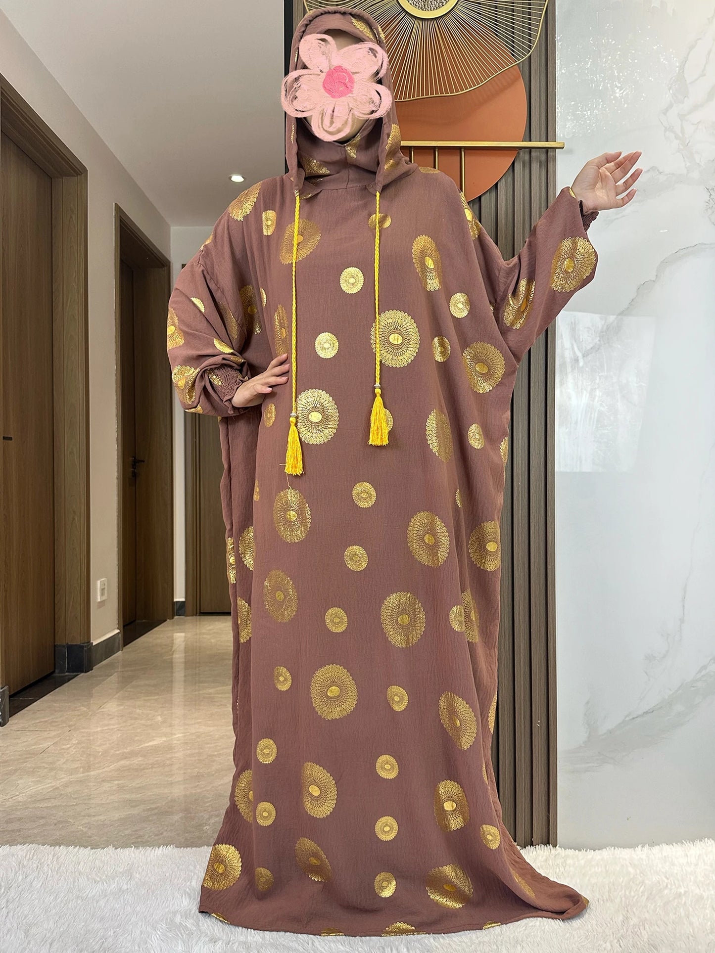Women's Cotton Embroidered Abaya Kaftan – Gold Dust Shimmer, Loose Fit, All-Season Muslim Dress