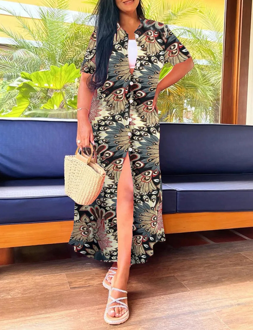 Women's Stripe Button-Front Maxi Dress with V-Neck and Side Slit - Loose Fit Casual Summer Shirt Dress in Pink, Blue, Black & Pr