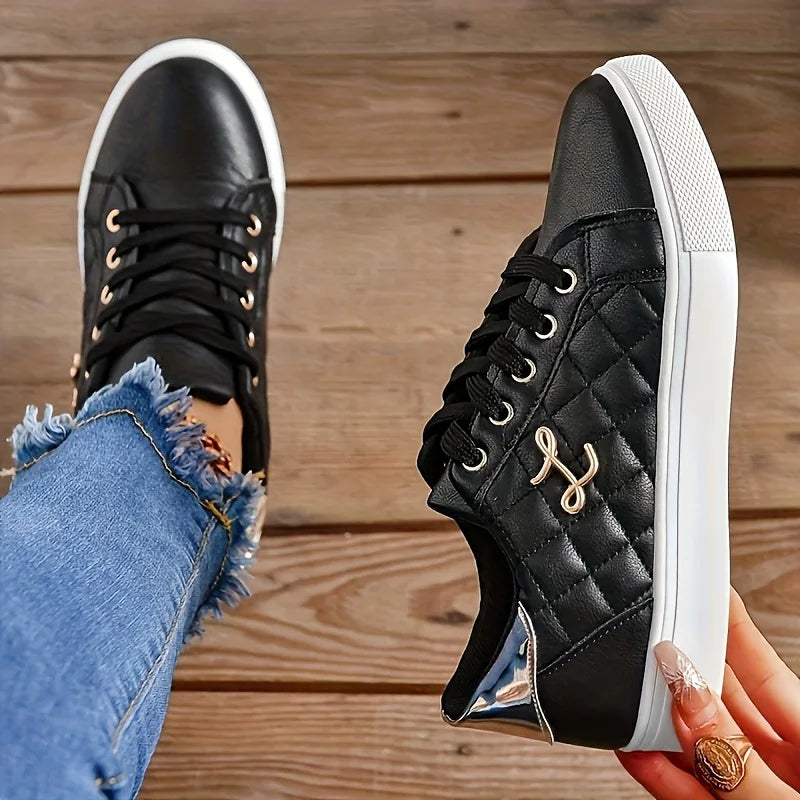 Gold-Embellished Sneakers for Women — Lightweight Lace-Up Low-Top Casual Shoes
