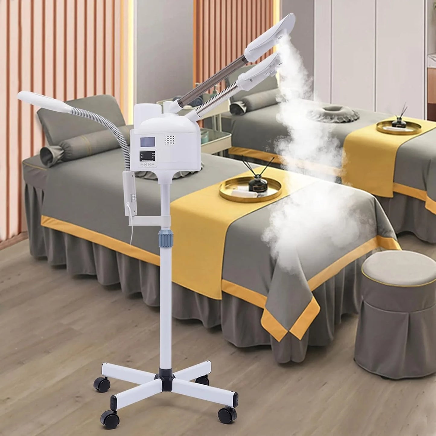 Professional 3 in 1 Facial Steamer Upgrade Esthetician Steamer with Hot & Cold Nozzle LED Magnifying Lamp Beauty Salon Spa for Home, Beauty Salons and Spas, Adjustable Height Angle, with Universal Wheels