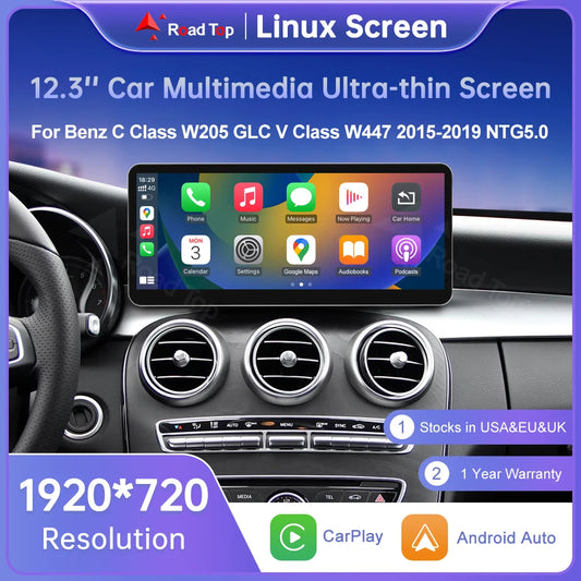12.3" Wireless CarPlay & Android Auto Display Screen, Compatible with Mercedes-Benz W205 GLC V-Class