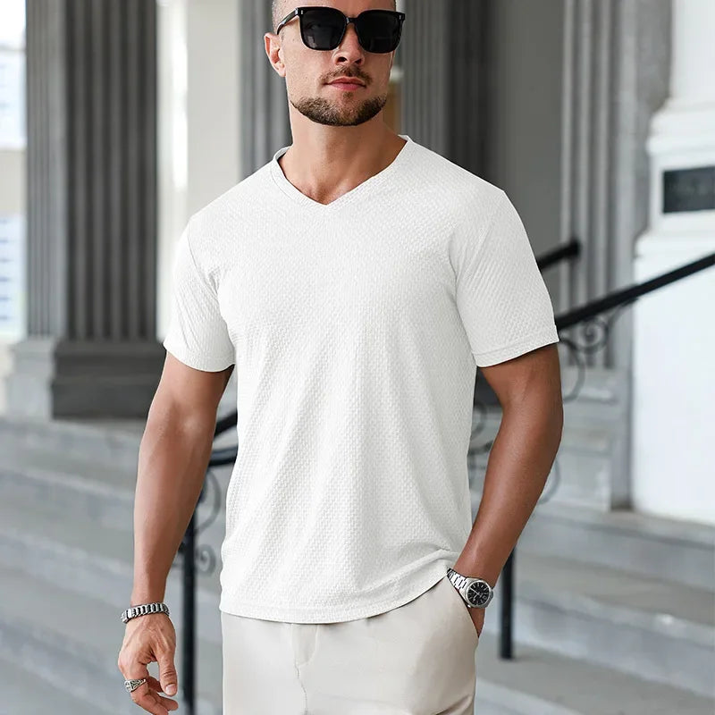 Men's Ice-Silk V-Neck Tee - Jacquard Quick-Dry, Casual Daily Wear
