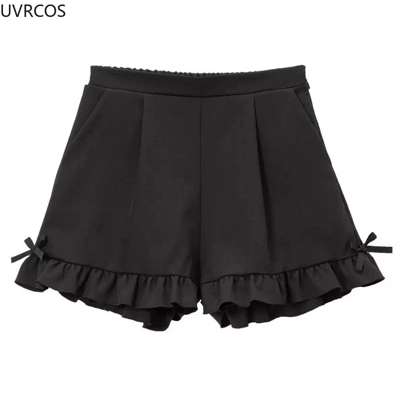 Japanese Gothic Y2k Lolita Shorts Women's Sweet Ruffles Bow High Waist Short Pants Cute Girls Harajuku Casual Loose Black Shorts
