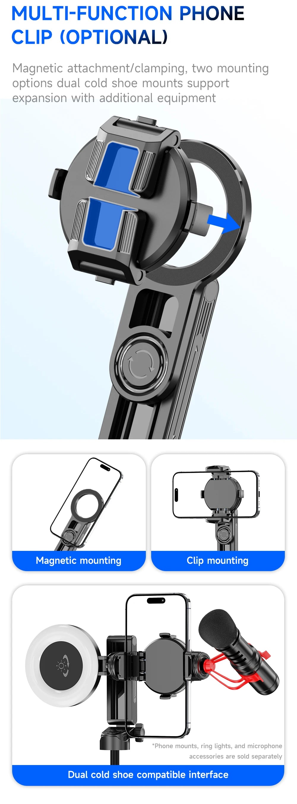 Mini Magnetic Selfie Stick Tripod Removable Remote Control Quadrapod Holder 360° Rotation for iPhone 16 15 14 13 12 Vlog Live