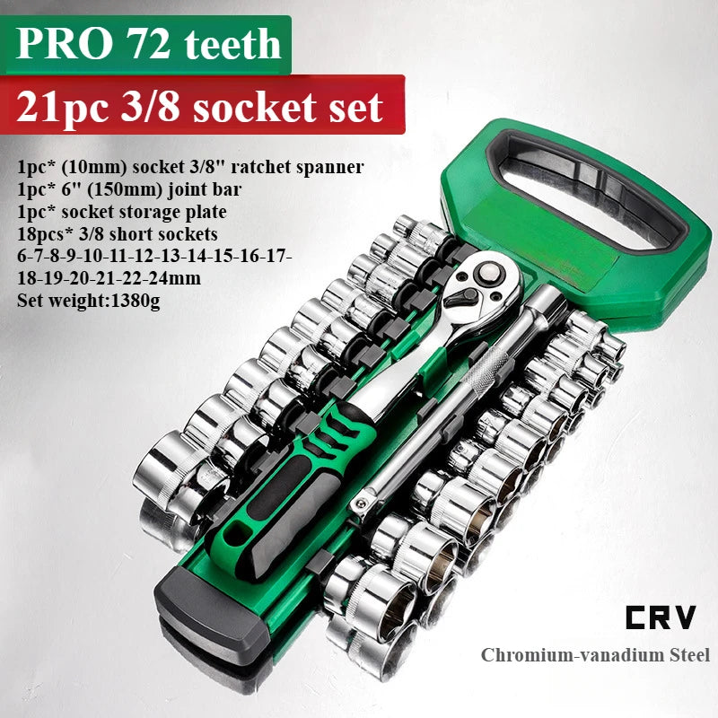1/4 3/8 1/2 Inch Ratchet Socket Wrench Set 72Drive Motorcycle Car Repair Hand Tools Spanner Sleeves Head Auto Repairing Kit