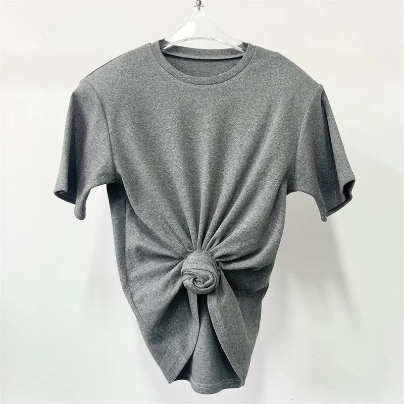 Women's t-shirt 2026 summer New elastic knitted short sleeved top 3D flower decorated round neck pullover pure cotton crop top