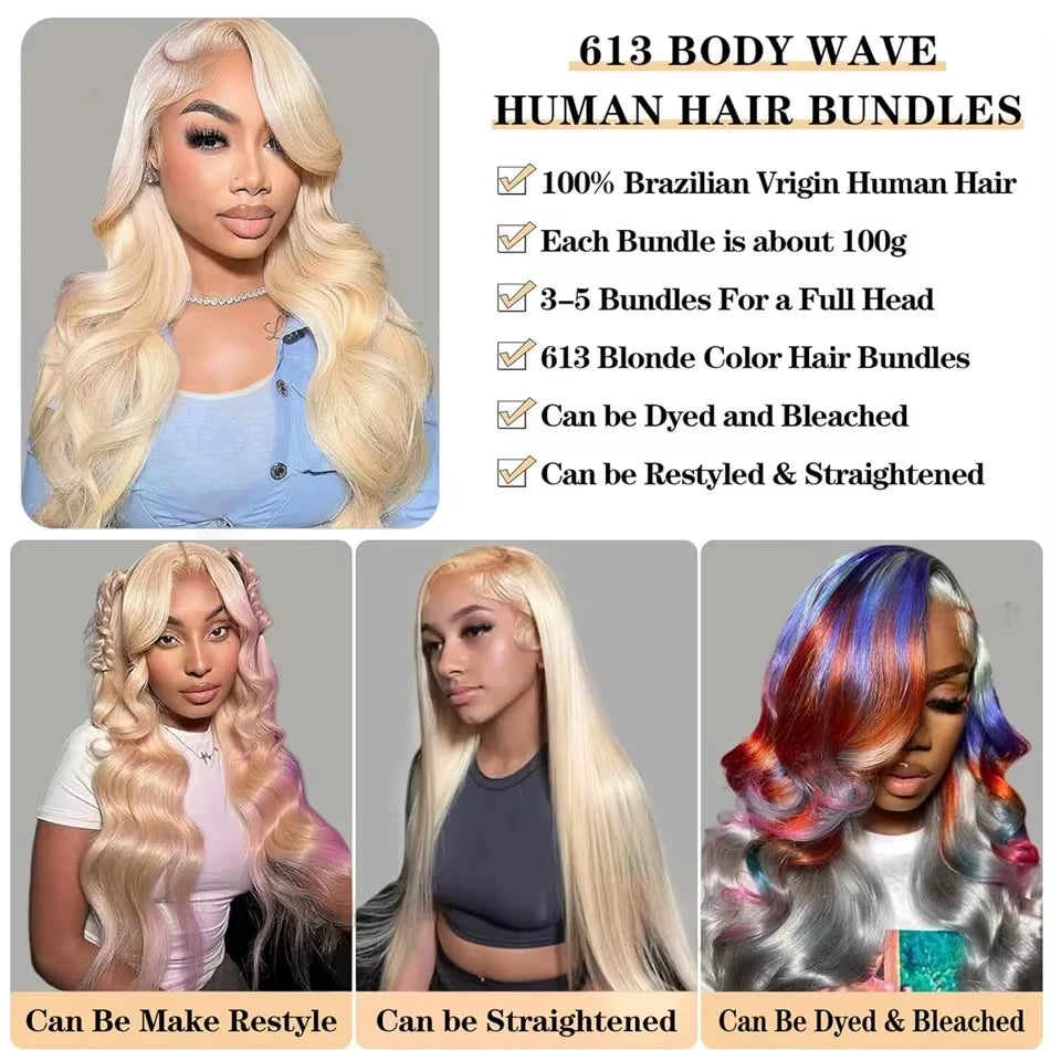 Colored Blonde 613 Human Hair Bundles 30 Inch Honey Blonde Body Wave Bundles 100% Unprocessed Raw Human Hair Extensions Bundles
