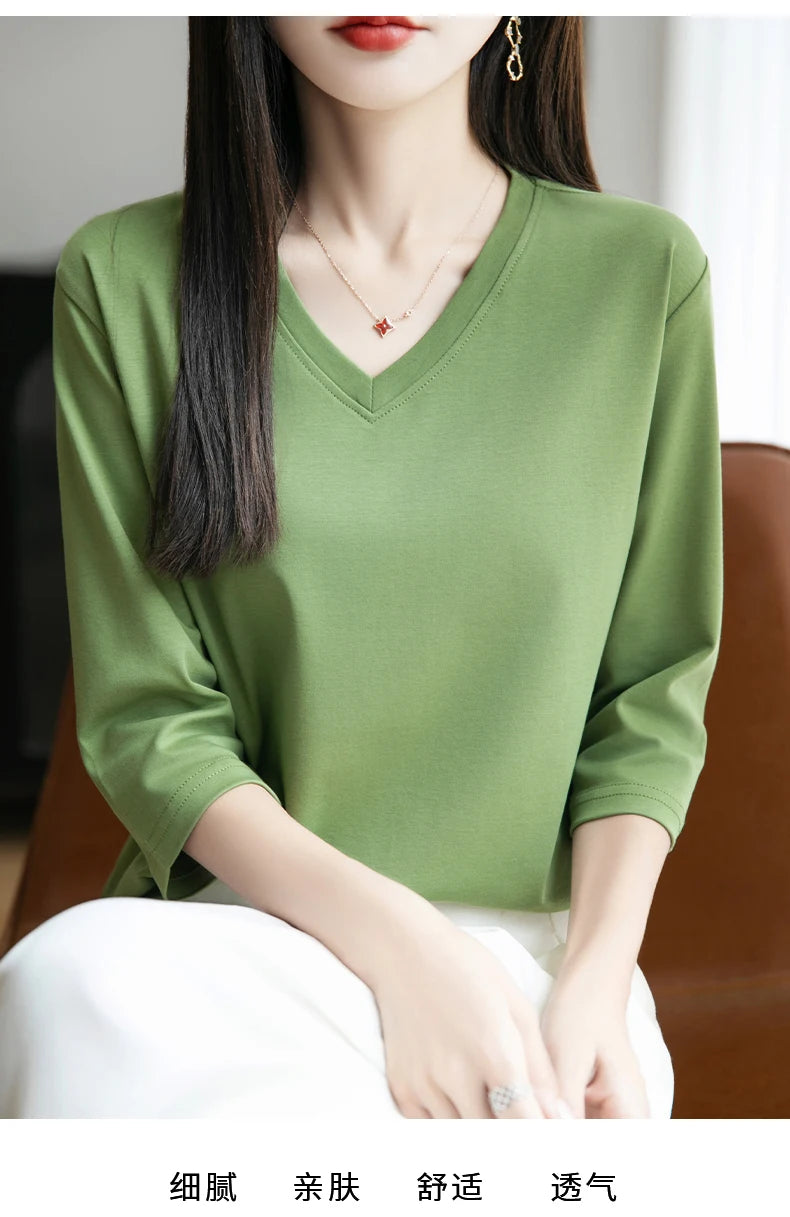 Spring And Summer New Cotton V-neck T-shirt Short-Sleeved Women's Half-Sleeve Bottoming Shirt High-End Cropped Sleeve Top