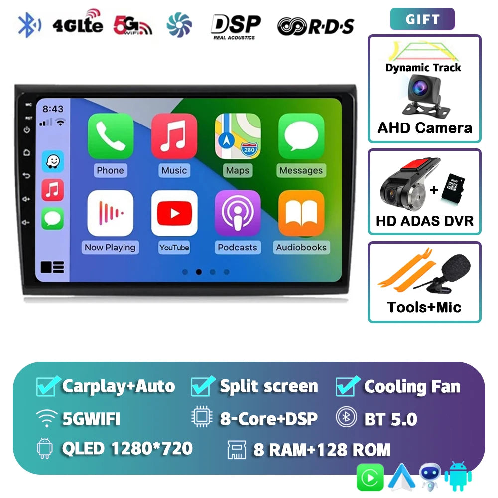 Car Stereo with Apple CarPlay & Android Auto, Compatible with Fiat Bravo 198 II (2007-2014)