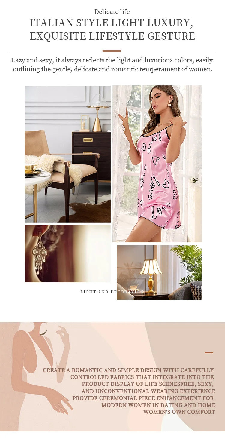 Women's Heart & Letter Print Nightdress – Sexy Sleeveless Satin Slip Sleepwear | S–XL (6 Colors)