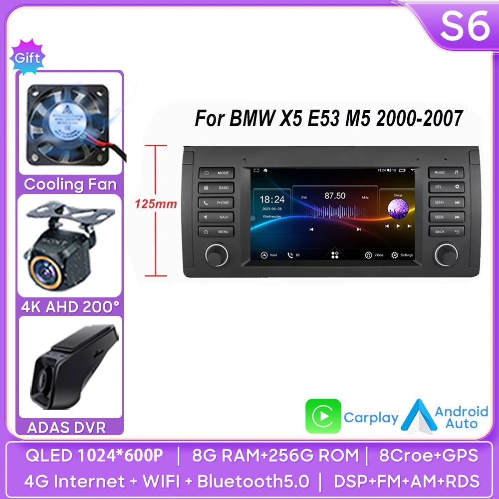 7" Android Car Stereo for BMW 5 Series E39 & X5 E53 (1996–2003) — Android Auto, GPS, 4G, WiFi, 2-DIN