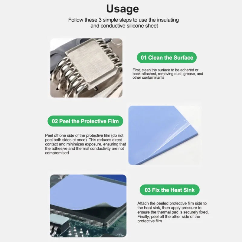 RELIFE RL-098 100PCS Pre-cut Insulating Thermal Pads for IC Chip High Thermal Conductivity Self-adhesive Repair Silicone Sheet