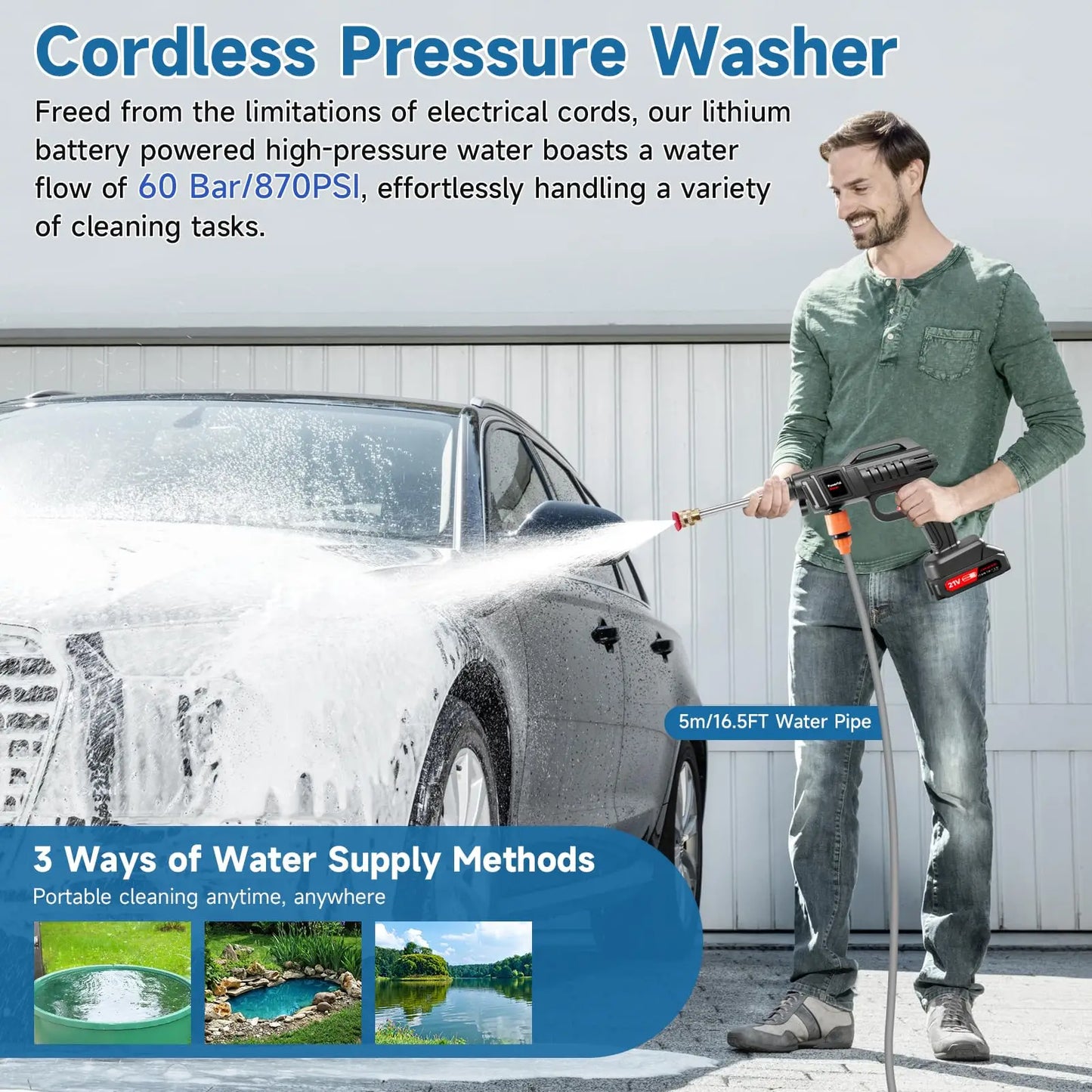 Cordless Car Wash Washer — Portable Cleaner, 2 Batteries & Hose
