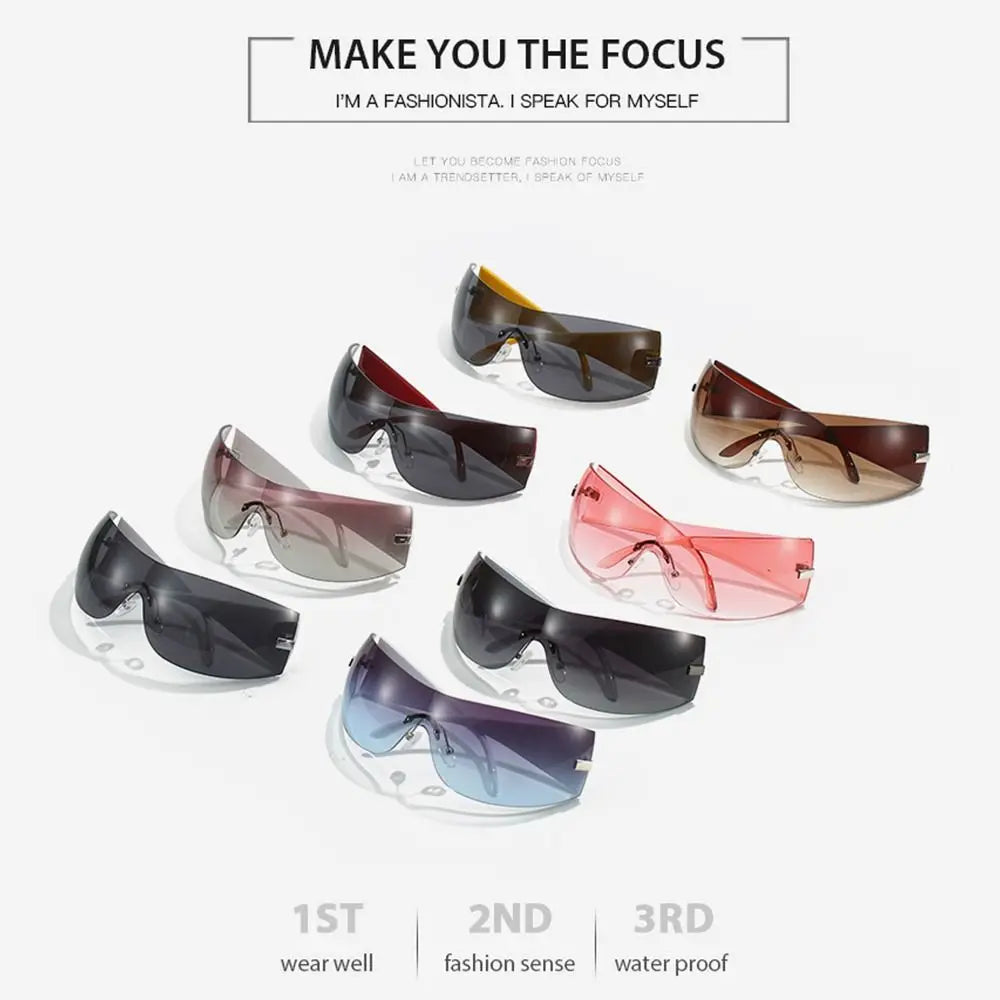 Trendy Y2K Sunglasses for Women  Men Rimless Wrap-Around Sunglasses Futuristic One Piece Shades Fashion Hip Hop Sun Glasses