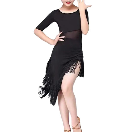 Girls half-sleeve irregular fringe Latin dress