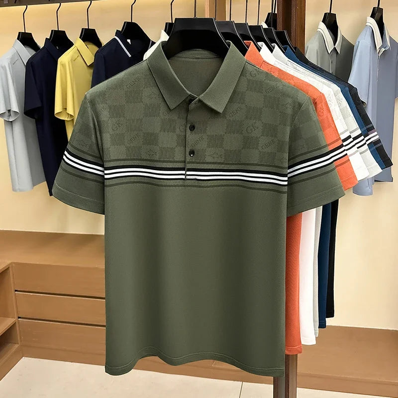 Men's Lattice-Print Lapel Polo - Soft Stretch, Sweat-Proof Summer