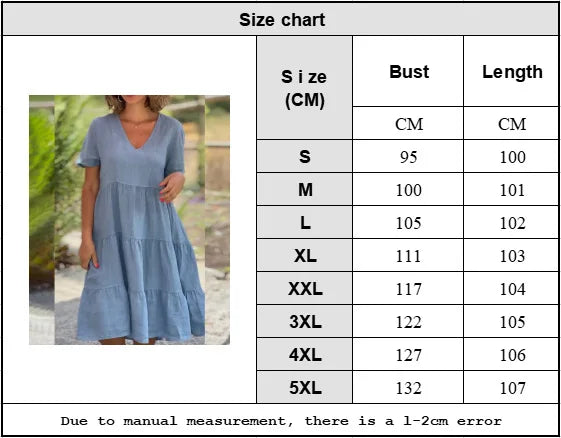 Cotton Linen Casual Women's Dresses 2026 Spring/Summer Sweet  Short Sleeve Solid V-neck Large Swing Loose Dress  S-5XL