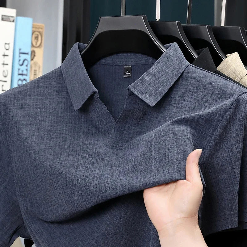 Men's Linen-Blend Polo - Minimalist Plain Lapel, Breathable Soft