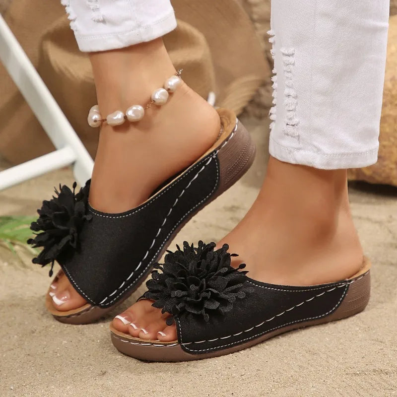 Floral Wedge Sandals for Women — Slip-On Comfortable Summer Casual Shoes
