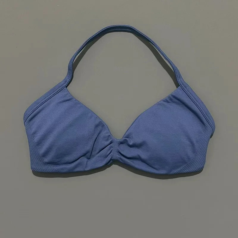 HISTELLO Strappy Bra Gym Top Women High Support Thin Strap Halter Sports Seamless Bras Scrunch Push-up Workout Yoga Tank Tops