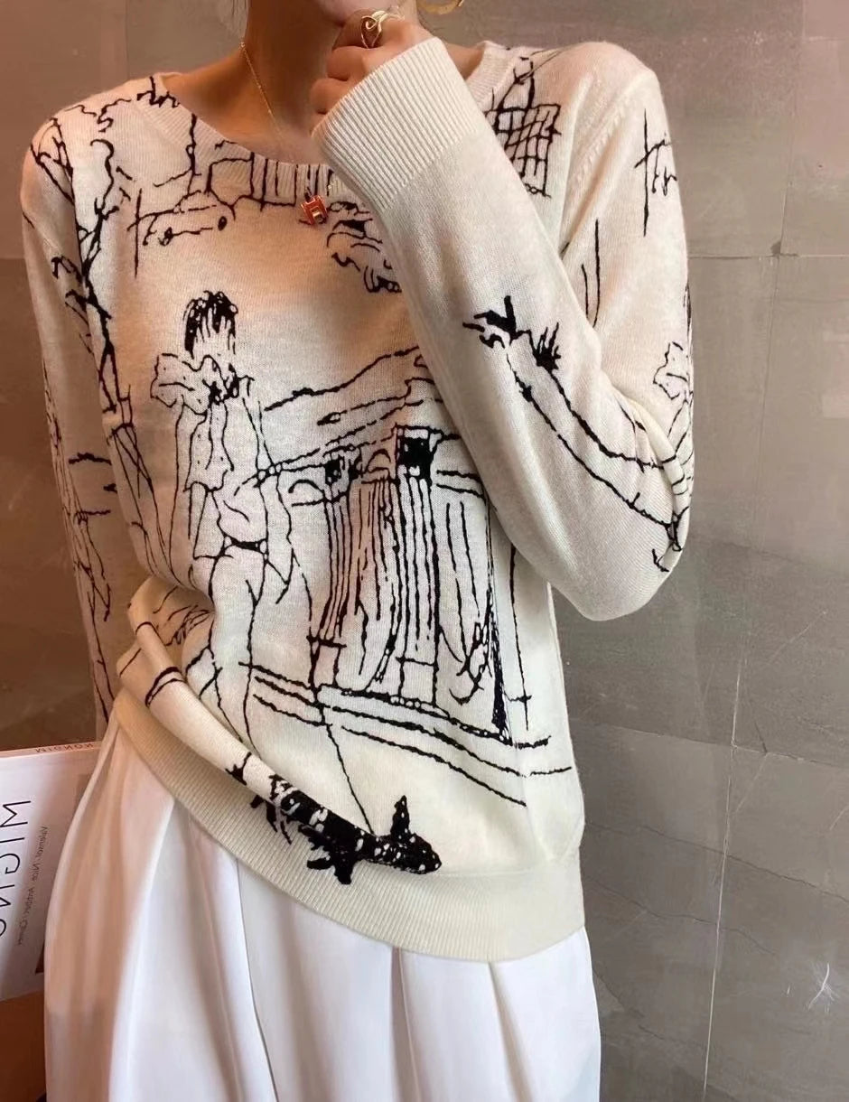 Summer Women's Thin Section Graffiti Digital Jacquard Round Neck Fine Imitation Wool Knitted Short-sleeved T-shirt  Pullover Top