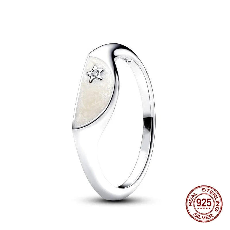 New in 925 Sterling Silver Sun and Moon Love Princess Zircon Oxide Enamel Heart Love Rings Fashion Fine Jewelry For Women Gifts