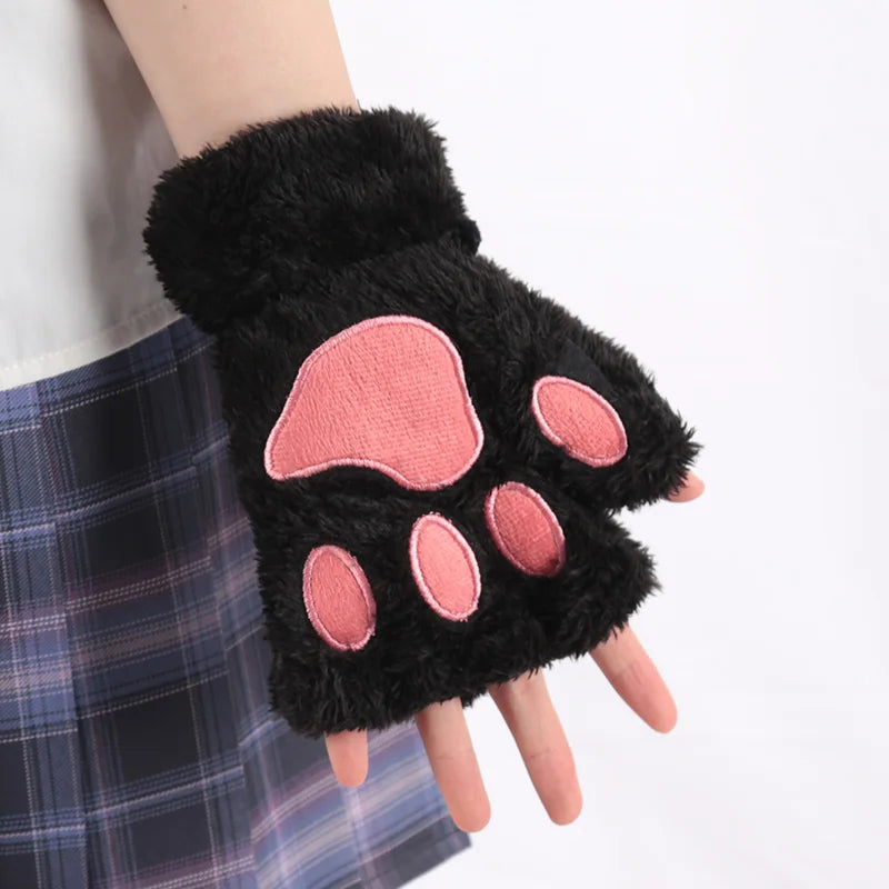 Women's Cat Paw Fingerless Gloves, Plush
