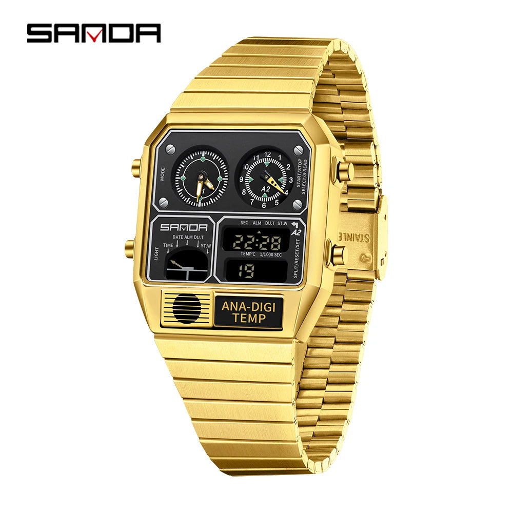 SANDA 3192 Men's Sport Watch – Analog-Digital LED, Waterproof, Stainless Steel