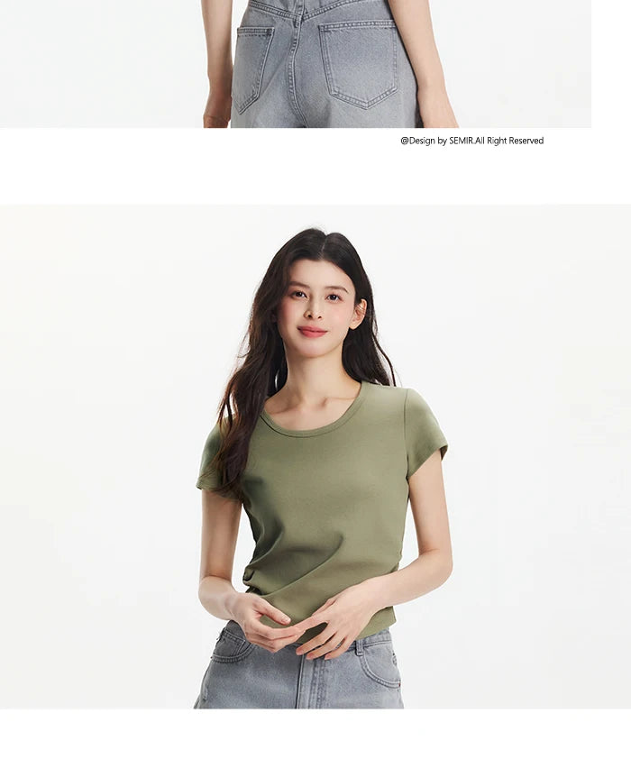 Semir Short Sleeve T-Shirt Women Cropped Slim Fit Shoulder Fit Design 2026 New Summer Embroidered Top Versatile for Chic Outfits
