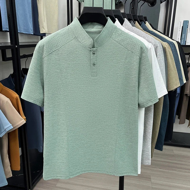 Men's Mandarin Henley Tee - Hollow-Grain Shoulder, Cool Lightweight