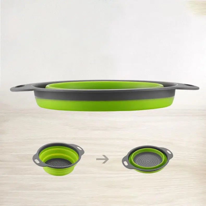 Single Pc Kitchen Travel Colander - Green Silicone Collapsible Strainer for Draining Pasta Fruits Vegetables