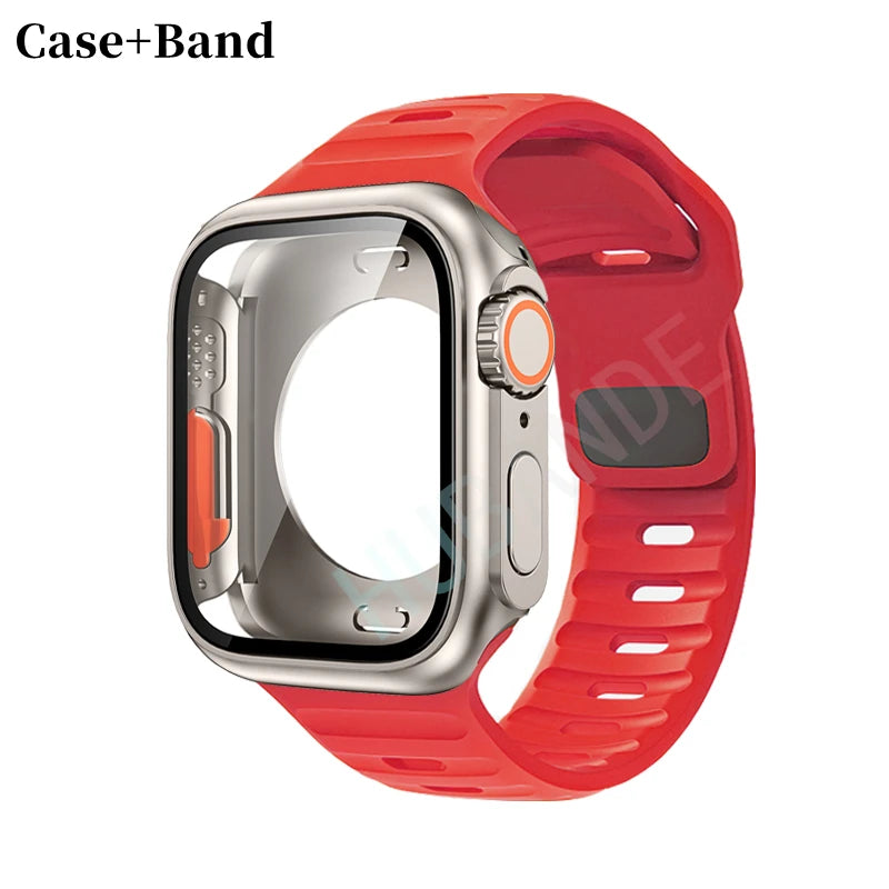Silicone strap For Apple Watch 44mm 45mm 41mm 40mm Bracelet+Screen protectores Change to Ultra For iWatch Series 9 8 7 SE 6 5 3