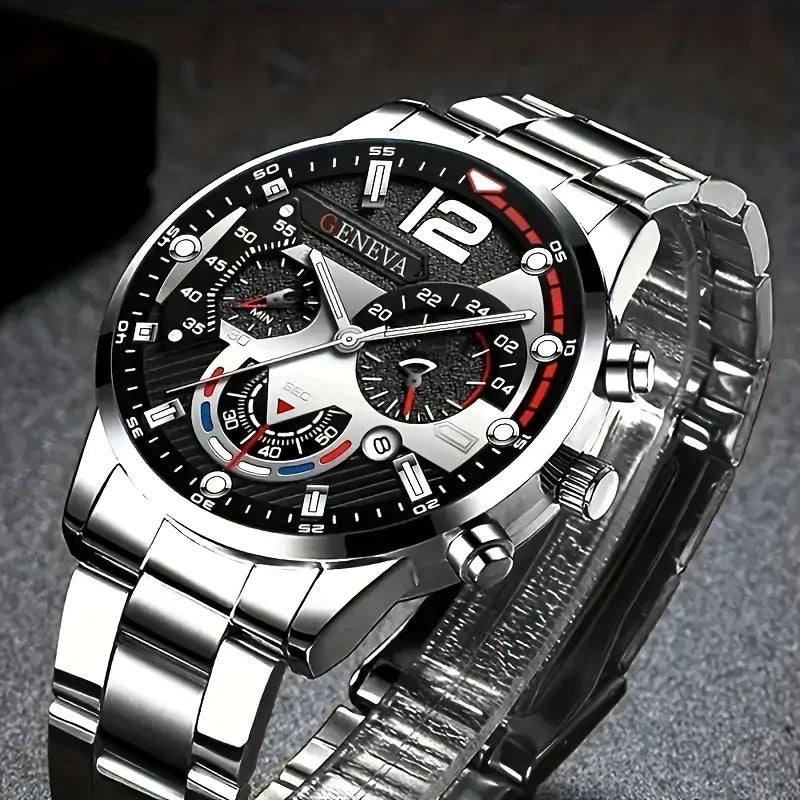4pcs Fashion Men's Quartz Watch Set Decorative Three-eye Dial Men Business Watches Relogio Masculino（Without Box）