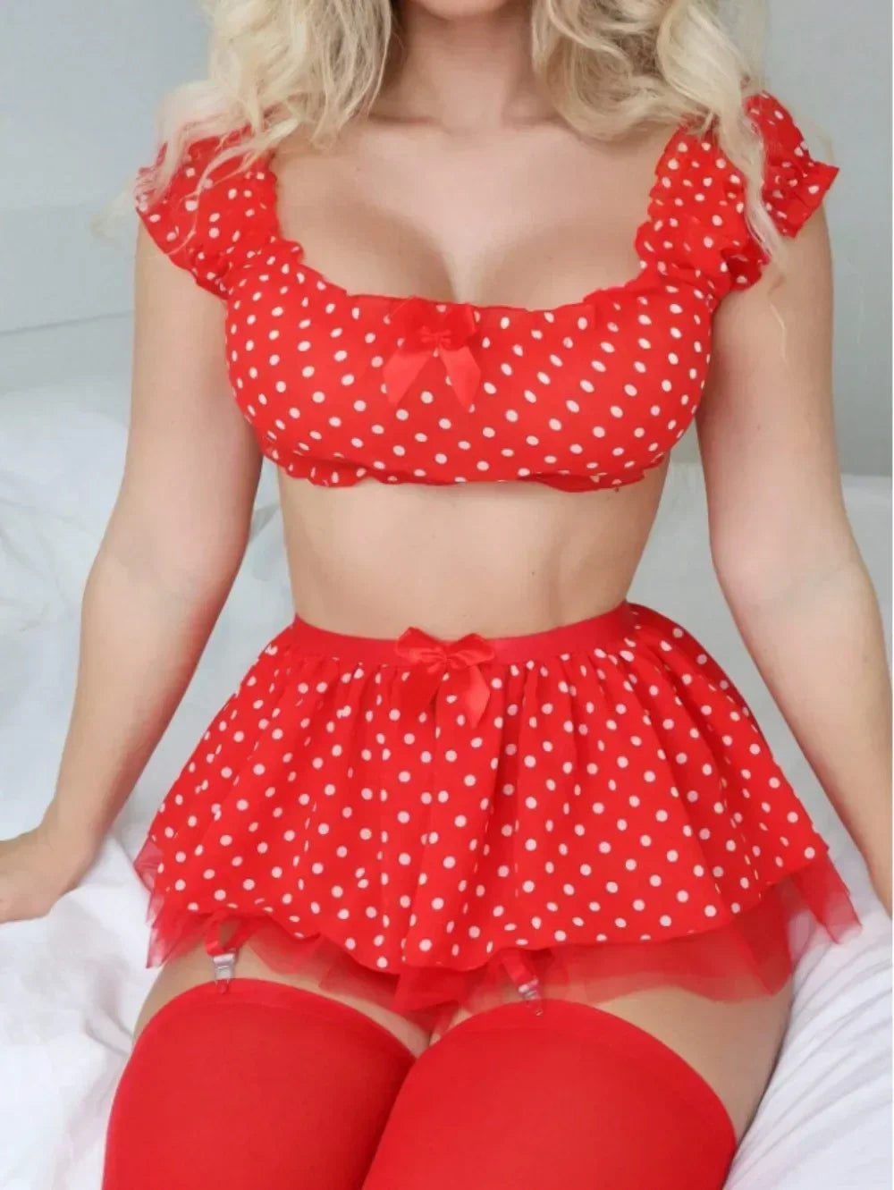 Women's Polka Dot Off-Shoulder Puffy Skirt Lingerie Set – Sexy Bra & Garter Skirt Exotic Set | S–XL (Red, Blue)