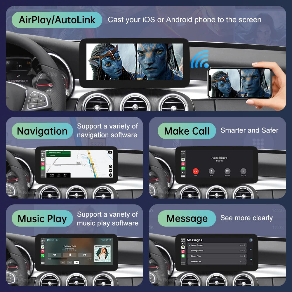Linux Touchscreen for Mercedes-Benz W205 C/GLC/V-Class, GLA, CLA (2015–2019) — Wireless CarPlay, Android Auto, AirPlay