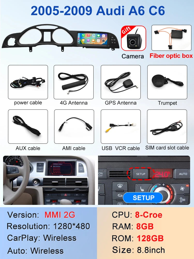8.8" Wireless CarPlay & Android Auto Display Screen, Compatible with Audi A6 C6 (2005-2011)