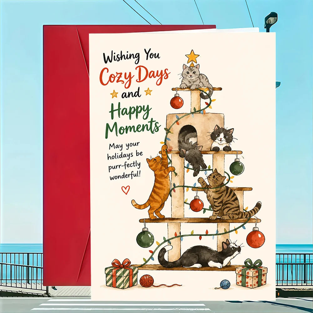 Cute Cat Christmas Greeting Card, Cat Tree Tower Xmas Card, Holiday Wishes Card for Cat Lovers with Envelope