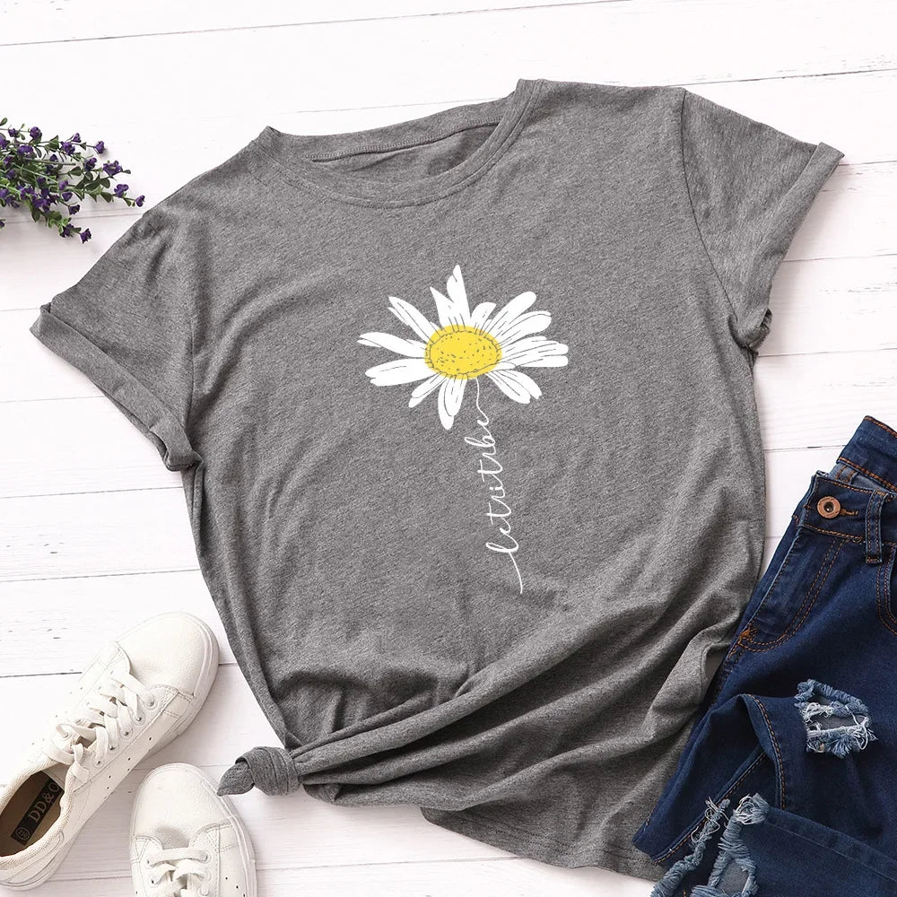 100% Cotton Women T-Shirt 2026 Summer Tshirt Creative Daisies Printed Woman Short Sleeve Tee Tops Female T Shirt