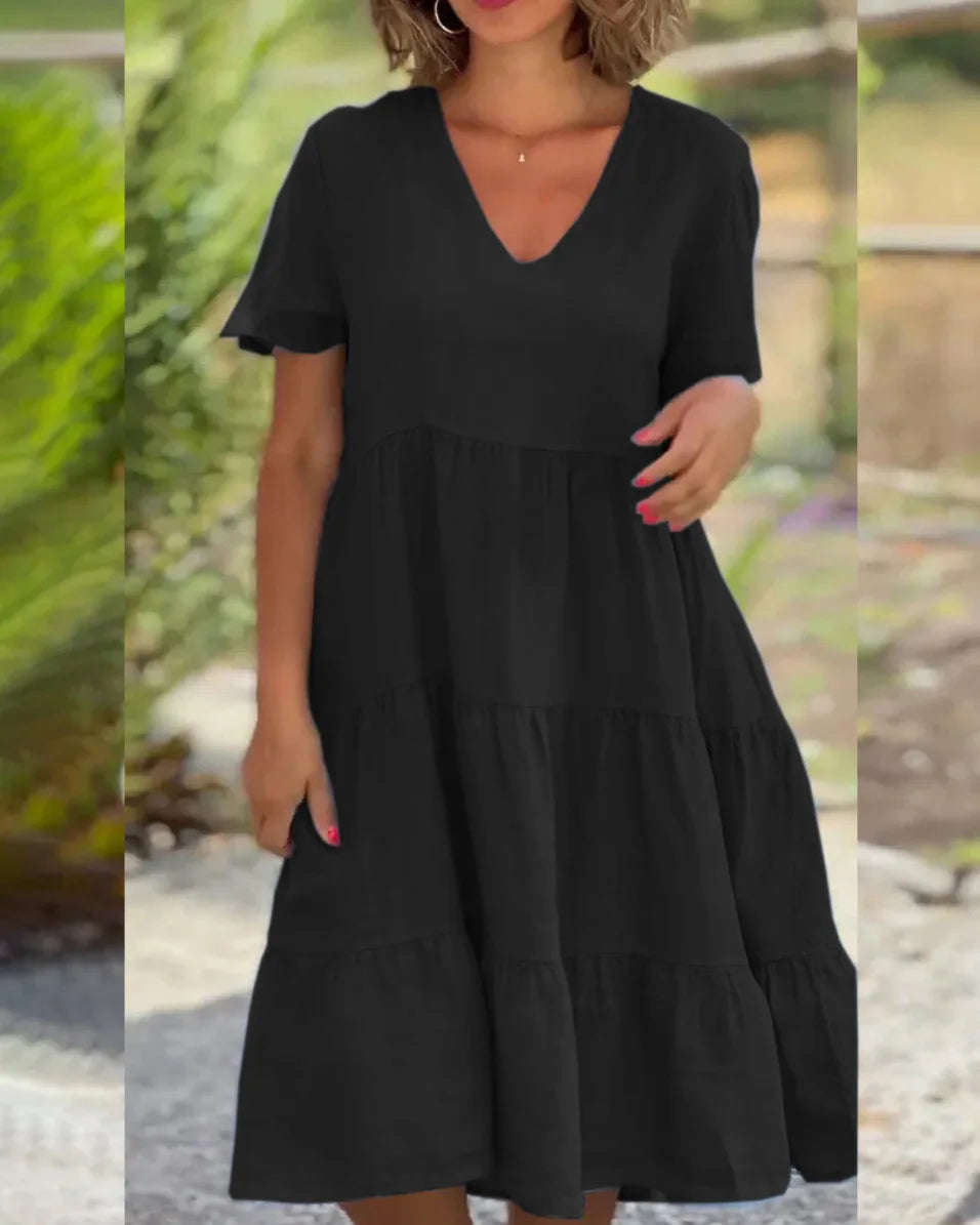 Cotton Linen Casual Women's Dresses 2026 Spring/Summer Sweet  Short Sleeve Solid V-neck Large Swing Loose Dress  S-5XL