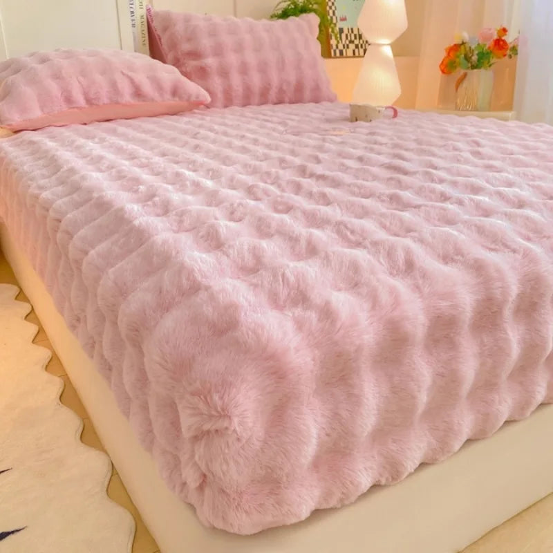 Fluffy Plush Fitted Bed Sheet for Winter Solid Color Rabbit Fleece Bed Sheets on Elastic Winter Warm Thicken Mattress Protector