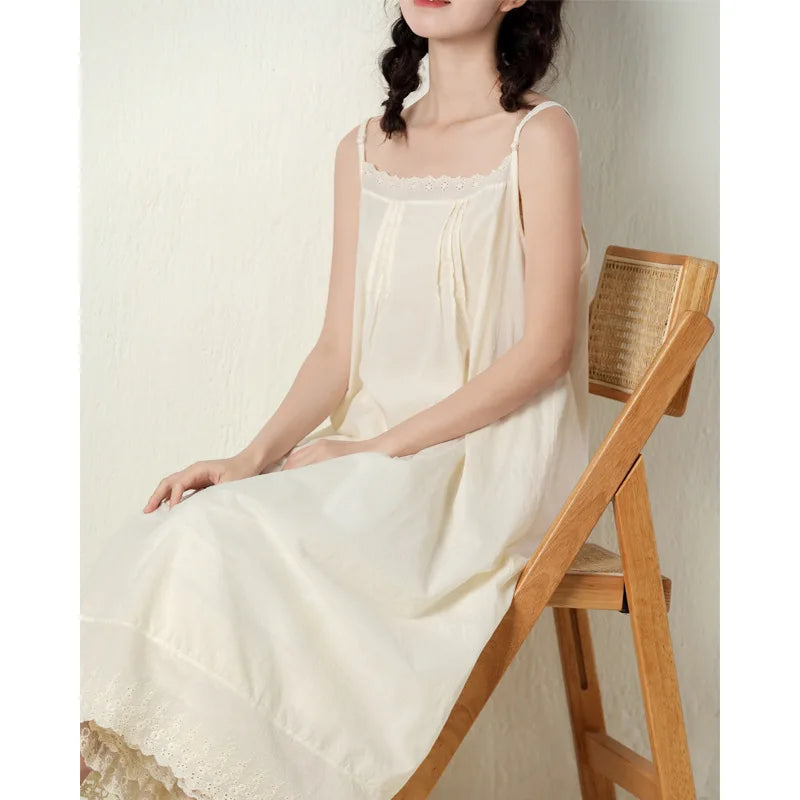 Johnature 2026 Summer New Japanese Casual Spaghetti Strap Thin All Match Dress For Women Solid Color Cotton Female Dresses