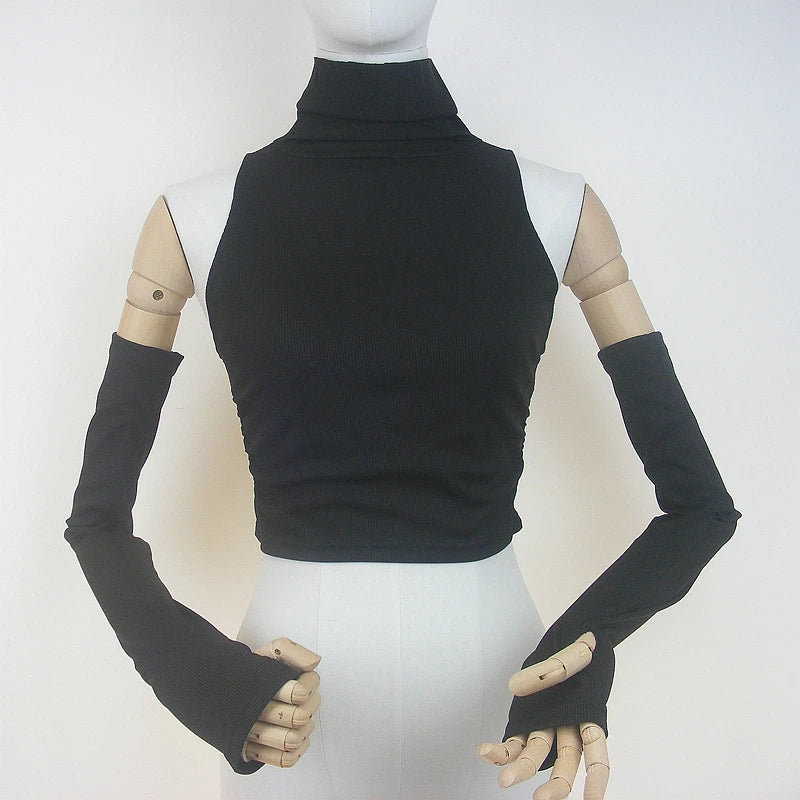 Woman Clothes Fall 2026 Tank Top Sleeve Cover Sleevless Side Pleats Turtleneck T-shirt  Sexy Ribbed Knitted Tops Y2k 2529