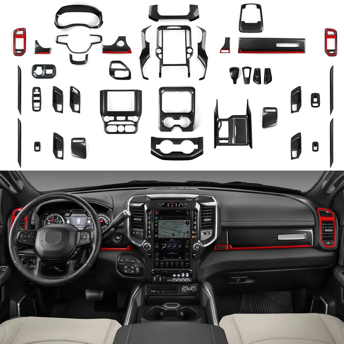 Carbon Fiber Interior Trim Sticker Kit for Dodge RAM 1500/2500/3500 2019-2026