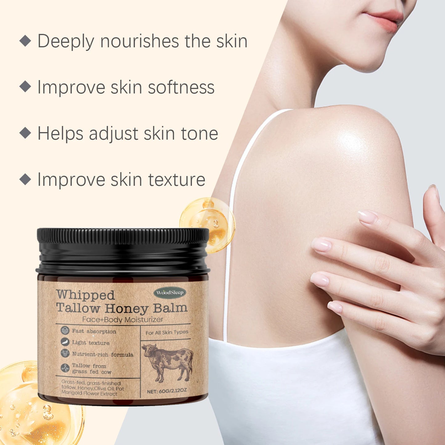 Whipped Beef Tallow Honey Balm - Brightening Grass-Fed Face & Body Cream