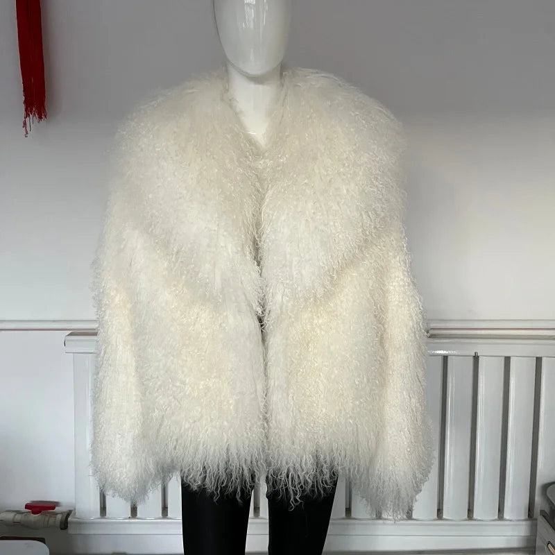 Women's Mongolian Sheep Fur Coat, Turn-Down Collar